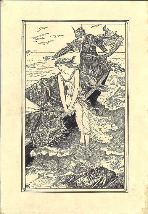 Original pencil and ink drawing by Henry Justice Ford for The Golden Mermaid published in Andrew Lang The Green Fairy Book, 1892. The illustration depicts female and male subjects on a seaside with waves, rocks, seaweed and birds. The female’s feet dangle over the side of a boat with an elaborately pattered blanket next to her. Behind her stands the male protectively. The artwork measures 11inches x 17inches.