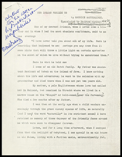 First page of an unpublished short story by Maurice Maeterlinck. The text on the image is too small to read.
