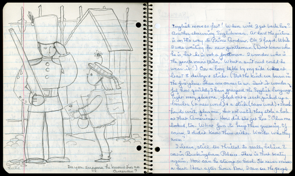 Two pages from a spiral bound notebook.  Left page shows hand drawn illustration with a girl looking up at a British Soldier.  Right page shows a page of handwriting too small to be legible.  
Lower page shows illustration of the same girl sitting in a chair holding a sign that says Prince Andrew in all caps.  On the bottom of the page are the words Where did everyone go? 
