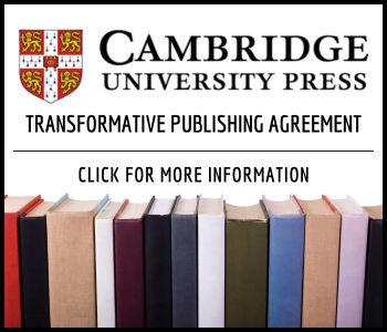 shield with red quadrants that have yellow lions. To the right is Cambridge University Press. Below is Transformative Publishing Agreement, Click for More Information. At the bottom is a line of books.