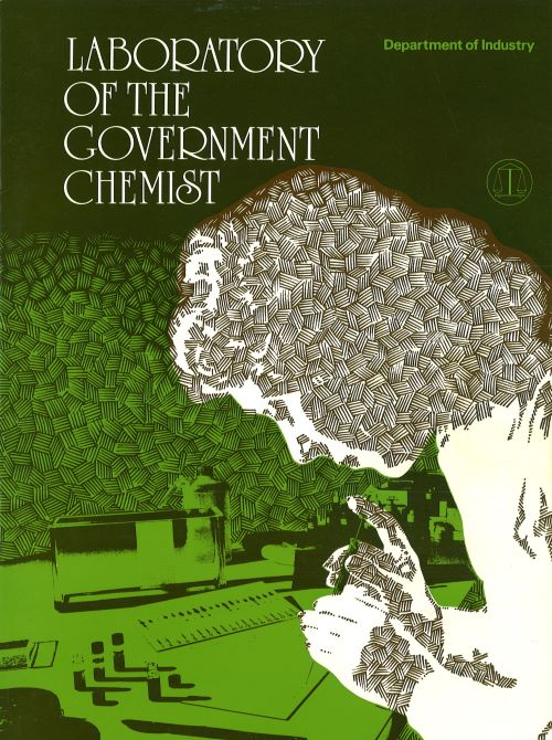 Cover of the book Laboratory of the Government Chemist by the Department of Industry. The image depicts a female scientist conducting a drug identification test.