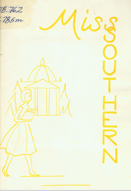 Cover of Miss Southern from 1953-54 with a female student walking carrying books with The University of Southern Mississippi dome in the background.