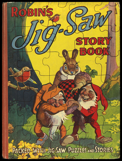 The colorful puzzle shows Lop-Ears carrying a pixie in pick-a-back fashion, while two other pixies watch from the other side. The stream is a gray-blue with six big gray stones, which Lop-Ears steps on to keep from getting the pixie wet. The image shows a bright outdoor sce-ne, where a frog is hopping into the water to get out of Lop-Ears way, and two robin red-breasts look down from their perch on a tree overhanging the stream. Lop-Ears overalls are red and black checkered, and the pixie on his back is wearing a green elf-like costume, and it appears he has dragonfly wings. The two pixies waiting for Lop-Ears to pick them up are dressed all in red.