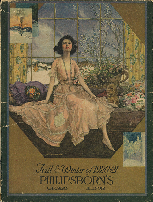 Cover of the fall and summer of 1920-21 Philiipsborn’s catalog in Chicago, Illinois. The cover shot a woman in a flowing pink dress sitting on a couch with flowers, pillows, and a picture window behind her.