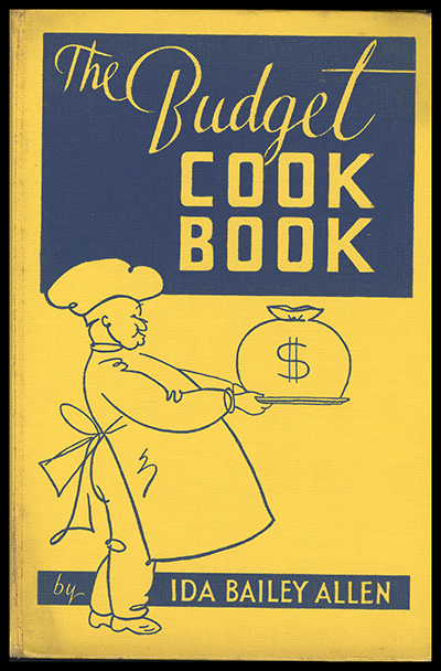 Cover of the book The Budget Cook Book by Ida Bailey Allen. A large chef holds up a platter that has a sack of money atop it in place of food. The chef is smiling and is ready to serve the budget-friendly meals the book has to offer.
